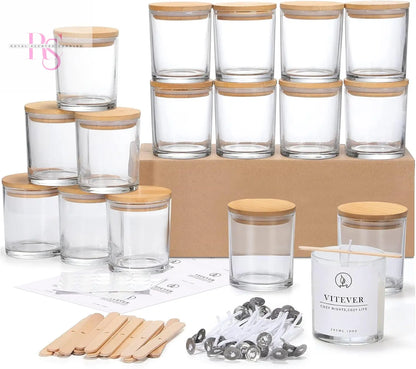 VITEVER 16 Pack, 10 OZ Thick Glass Candle Jars with Bamboo Lids and Candle Wick Kit - Bulk Clear Empty Glass Candle Jars for Making Candles - Spice, Powder Containers - Royal Scented Candles