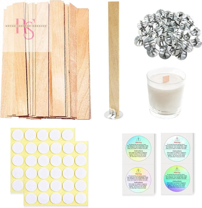 200 Pcs Thickned Wooden Candle Wicks. 5.1 X 0.5 X 0.06 Inch Upgrade Crackling Wooden Wicks, Long Lasting Smokeless Wood Wicks with Iron Standers, Wick Stickers, and Warning Labels- 50 Sets - Royal Scented Candles